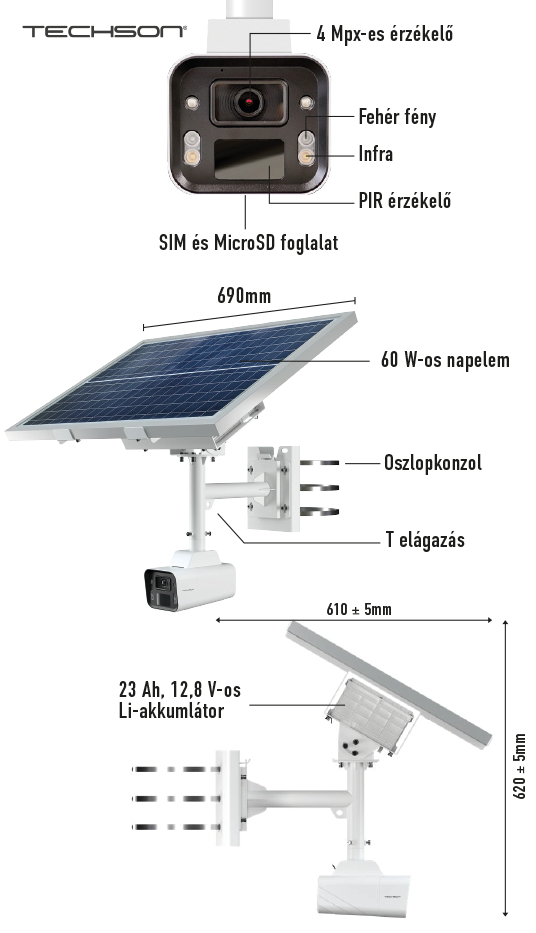 Techson napelemes kamera adatok